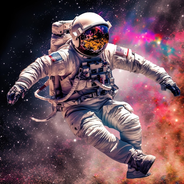 An astronaut is flying in a space with a colorful background