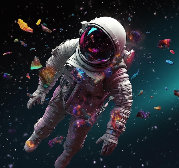 An astronaut is flying through space with a colorful piece of glass in the center.