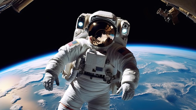 An astronaut is seen in space with the earth in the background.