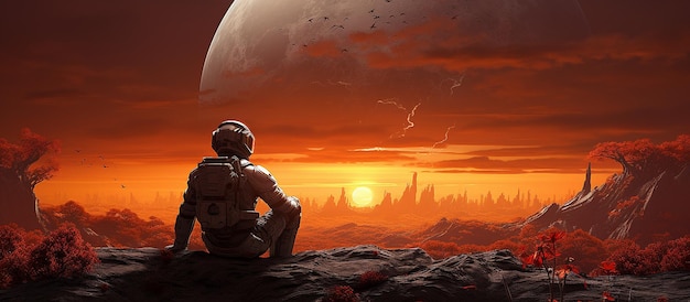 The astronaut is sitting on the rock in space in the style of dark orange and maroon