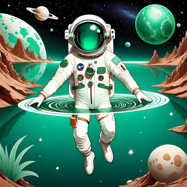 An astronaut is swimming in space on a planet On an emerald green water ai generative