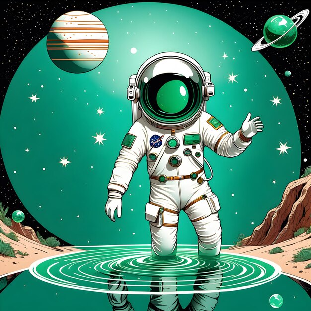 An astronaut is walking on a planet with little gravity On an emerald green water Ai generative