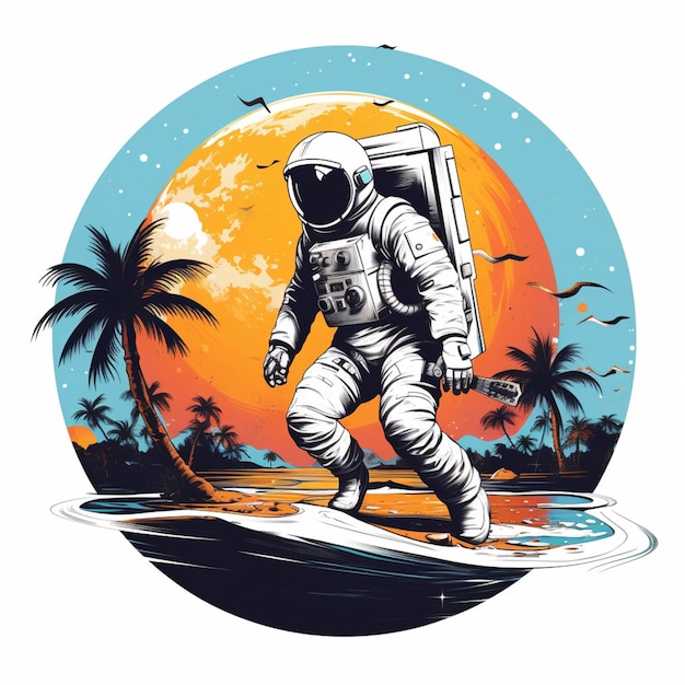 An astronaut is walking on a surfboard in the water generative ai