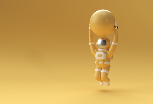 L'astronauta salta con la palla di stabilità facendo esercizi, illustrazione di rendering 3d..