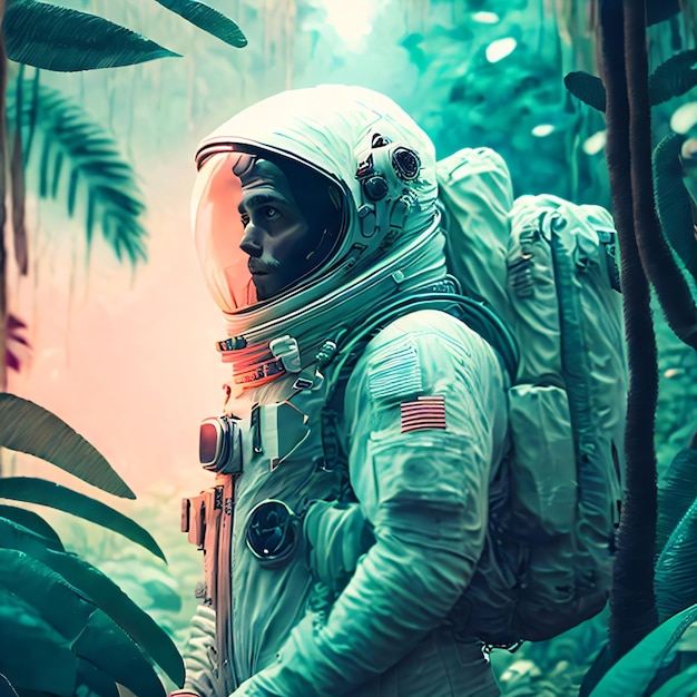 An astronaut in a jungle with a large flag on his back.