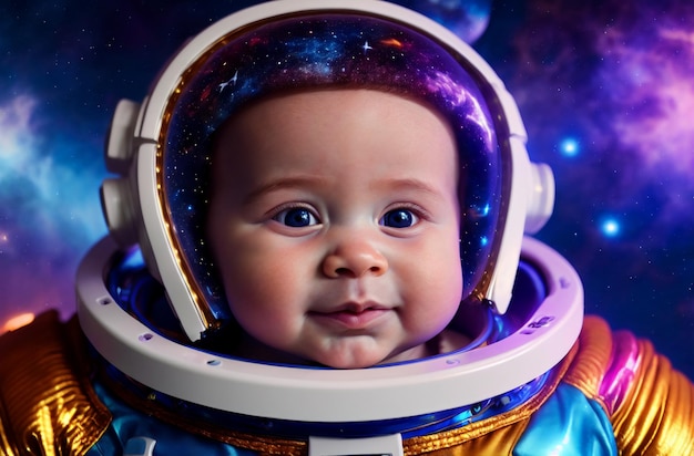 Astronaut kid in spacesuit Portrait of baby in cosmic outfit in space Preschooler cosmonaut Generative AI