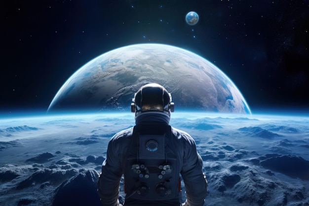 Astronaut kijkt naar de aarde die op de maan staat AI Generatief