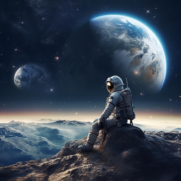 Astronaut kijkt naar de planeet die het oppervlak van de maan vormt.
