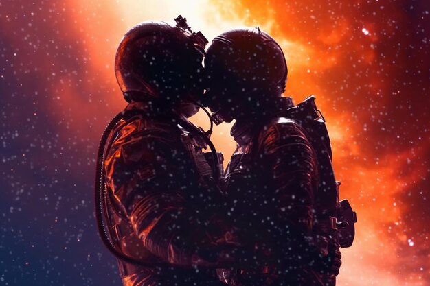 달빛 우주 배경에서 그의 여자 친구에게 키스하는 우주 비행사