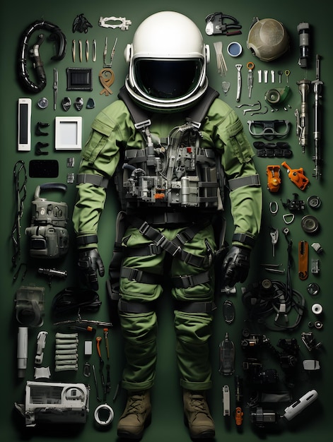 Astronaut in knolling image style on the green background