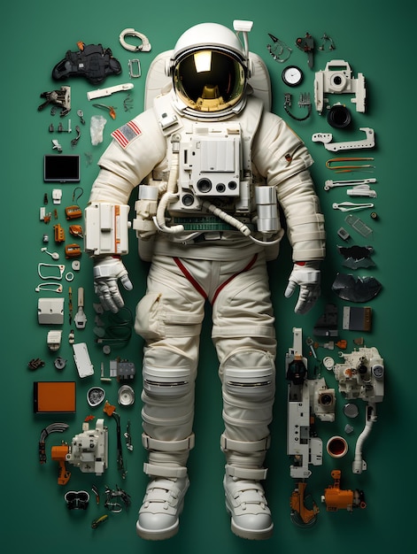 Astronaut in knolling image style on the green background