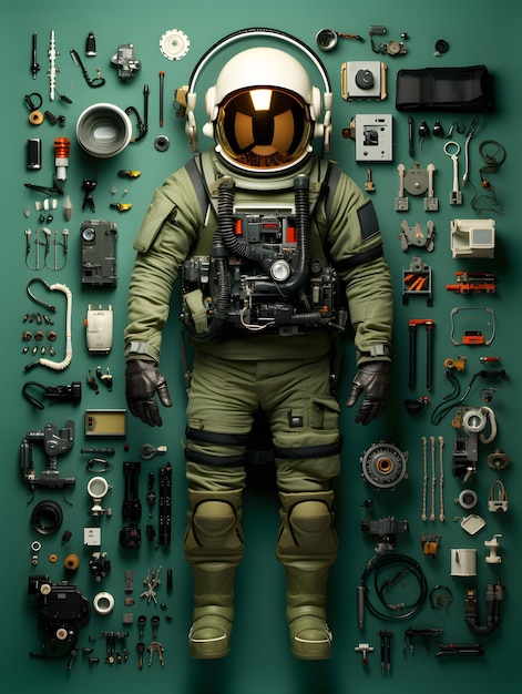 緑の背景にノーリング画像スタイルの宇宙飛行士