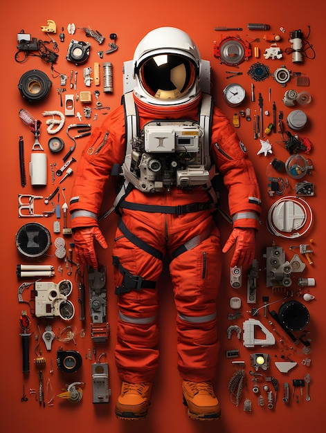 Astronaut in knolling image style on the red background