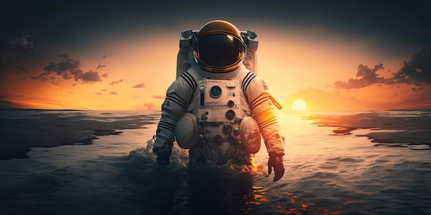 Astronaut komt uit de zee met de zonsondergang op de achtergrond AIGenereerd