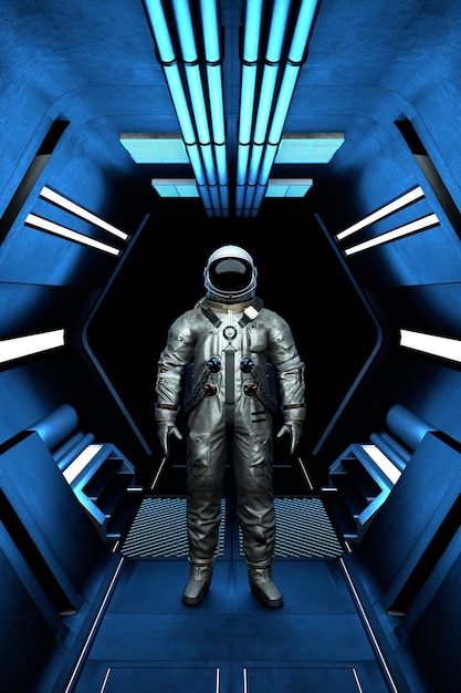 Astronaut kosmonaut gaat de ruimte in langs de gang Ruimteverkenningsvluchten naar verre sterren en sterrenstelsels Man in een ruimtepak staat in de tunnel van het ruimtestation 3d render