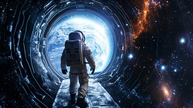 Astronaut kosmonaut ontdekking van nieuwe werelden van sterrenstelsels panorama fantasy portal Generative Ai