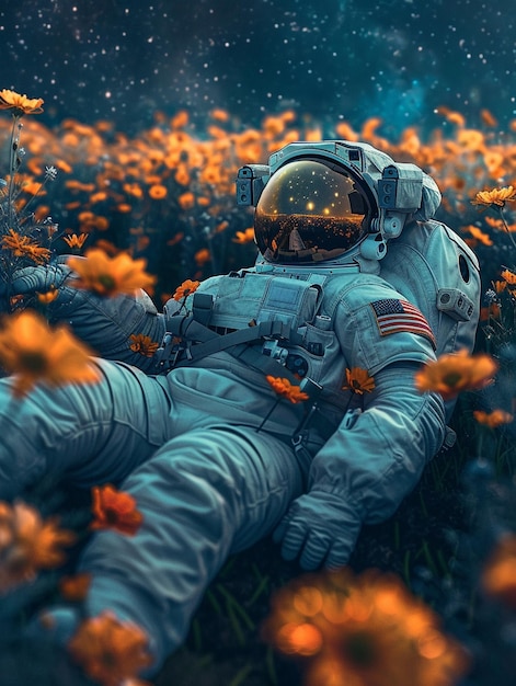 astronaut laying in a field of flowers with a space suit on generative ai