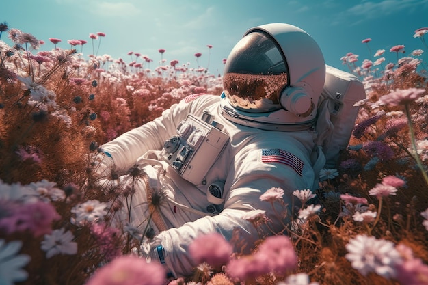 Astronaut laying flowers nature Generate Ai