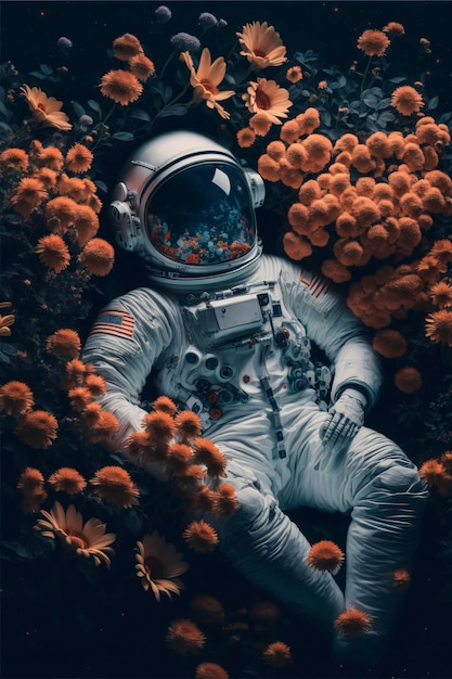 花に横たわる宇宙飛行士