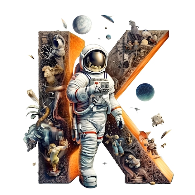 Astronaut in the letter K on the background of the outer space