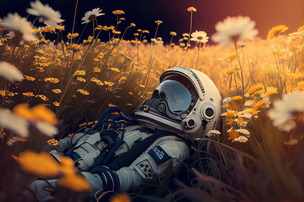 우주 비행사는 자연의 들판에 누워 우주 비행사는 꽃에서 쉬고 있습니다.