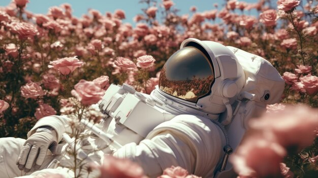 Astronaut lies in a field of roses Generative AI