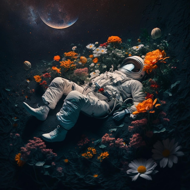 An astronaut lies in the flowers of the moon.