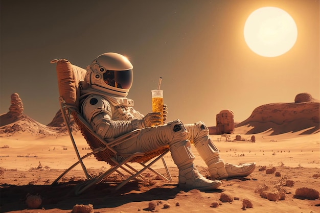 The astronaut lies on a sun lounger and drinks beer wallpaper colorful live space planet relaxation vacation equipment drink sun soil sun science technology Science fiction concept AI