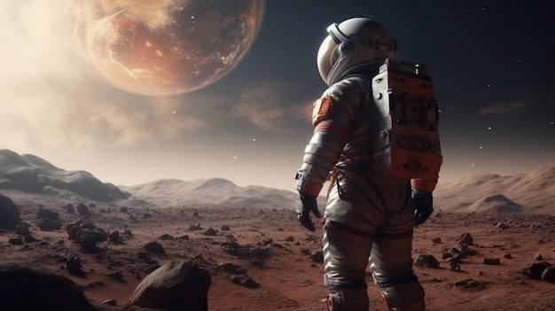 Premium AI Image | Astronaut looking at the moon on mars