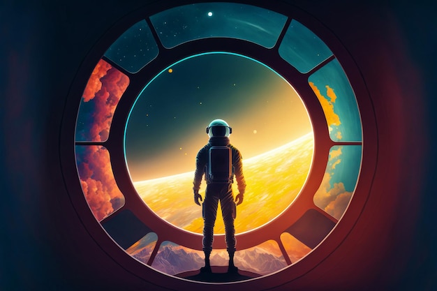 Astronaut looking out of the porthole of a spacecraft gazing at the planet