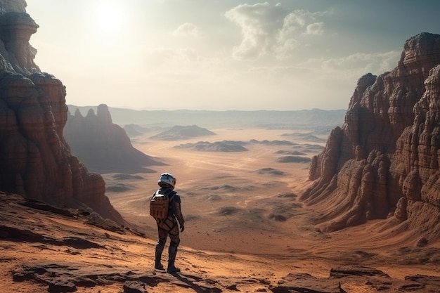 Astronaut looking out to a valley of the moon