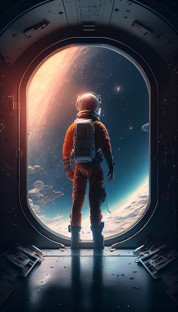 Astronaut looking out of a window in space