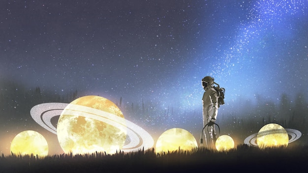 Photo astronaut looking at stars on the grass, digital art style, illustration painting