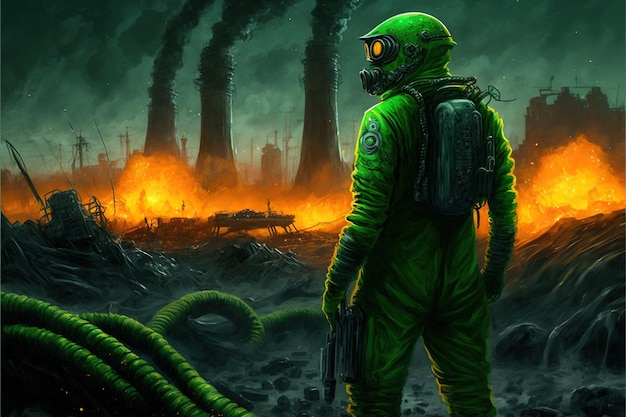 An astronaut looks at the ruins of an abandoned city The man in space suit standing on foundry ruin looking at tentacle aliens Digital art style illustration painting