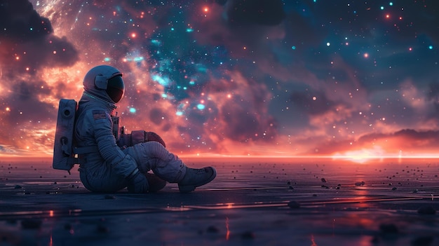 An astronaut looks at the stars from a futuristic spacecraft at a spaceport Scifi illustration of an astronaut in a future spacesuit landing a flying saucer on the runway of a space station