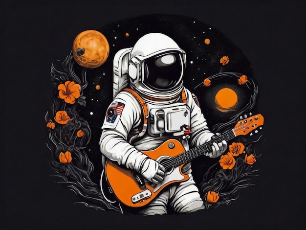 Astronaut loopt met gitaar vector t-shirt ontwerp