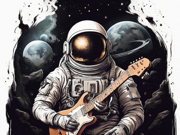 Astronaut loopt met gitaar vector t-shirt ontwerp