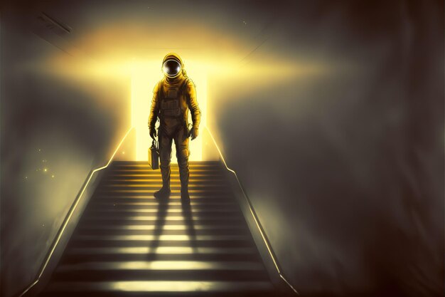 Astronaut loopt naar het licht op een futuristische trap