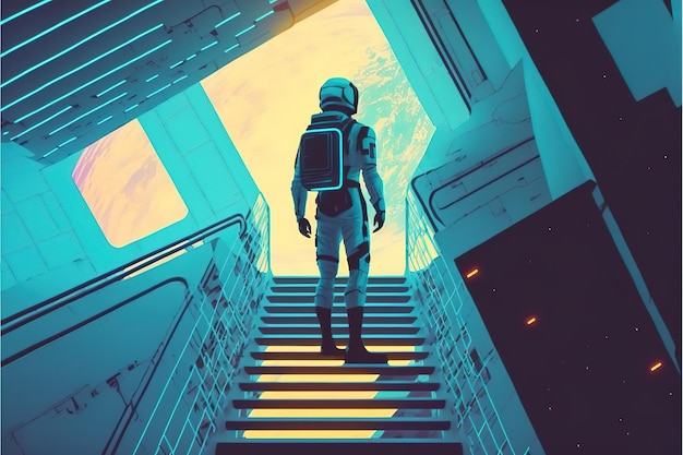 Astronaut loopt naar het licht op een futuristische trap