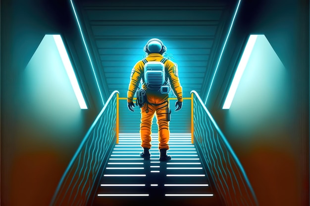 Astronaut loopt naar het licht op een futuristische trap