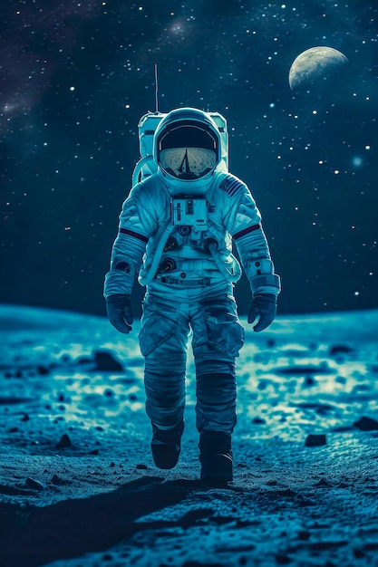 Astronaut loopt op het blauwe oppervlak van een planeet met sterren op de achtergrond
