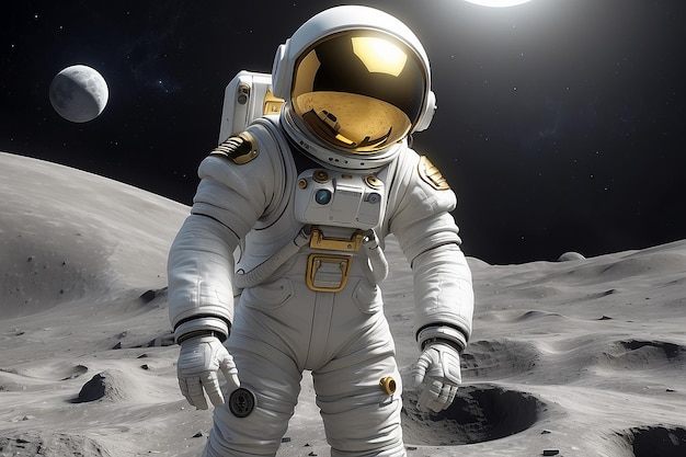 Astronaut man on the Moon in a Space Suit Standing with a Gold Visor and a Big Floating Silver Alien Sphere Front View 3d Illustration 3d render