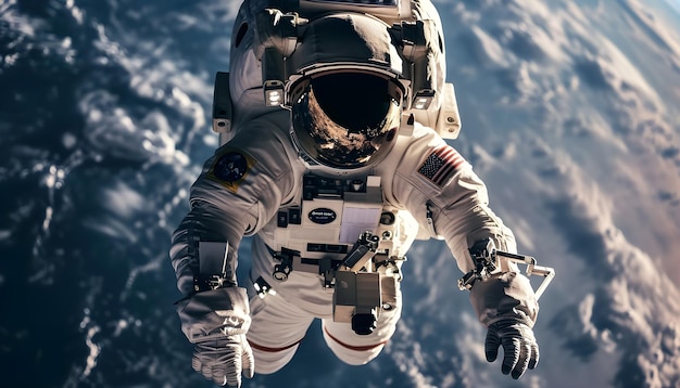 Foto uomo astronauta in tuta spaziale che galleggia nello spazio