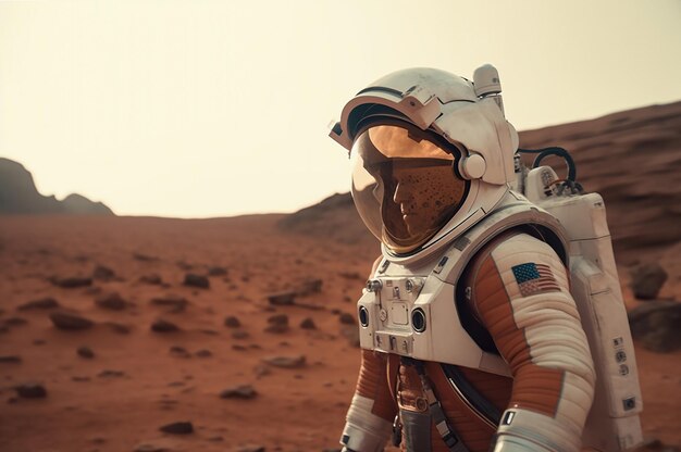 Astronaut man and suit in mars planet exploration science research and navigation discovery
