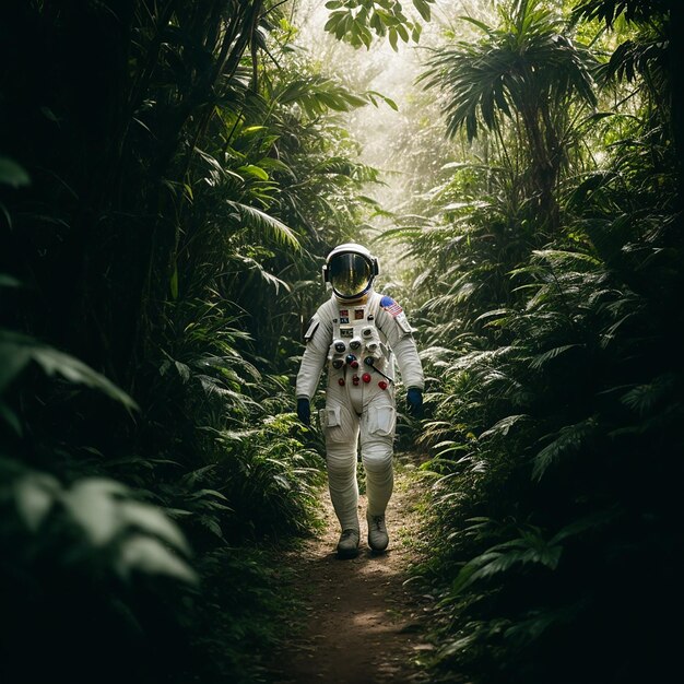 Astronaut man walking in the forest