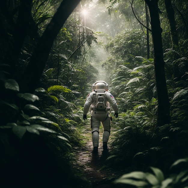 Astronaut man walking in the forest