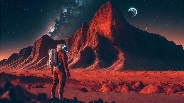 Астронавт на марсе красная планета с инопланетным НЛО и современными технологическими машинами