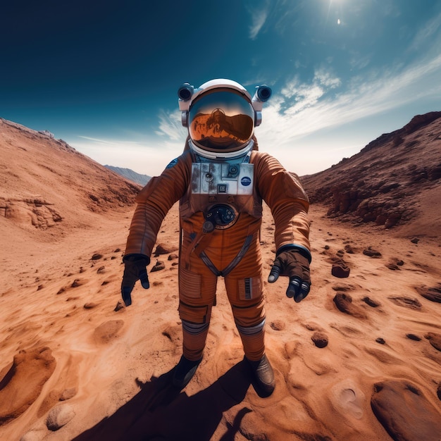 空を背景に火星の砂漠にいる宇宙飛行士