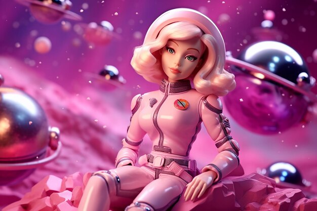 Astronaut meisje in de ruimte met planeten en sterren 3D-weergave van roze pop