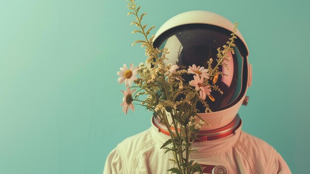 Foto astronaut met bloemenboeket op een gewone achtergrond